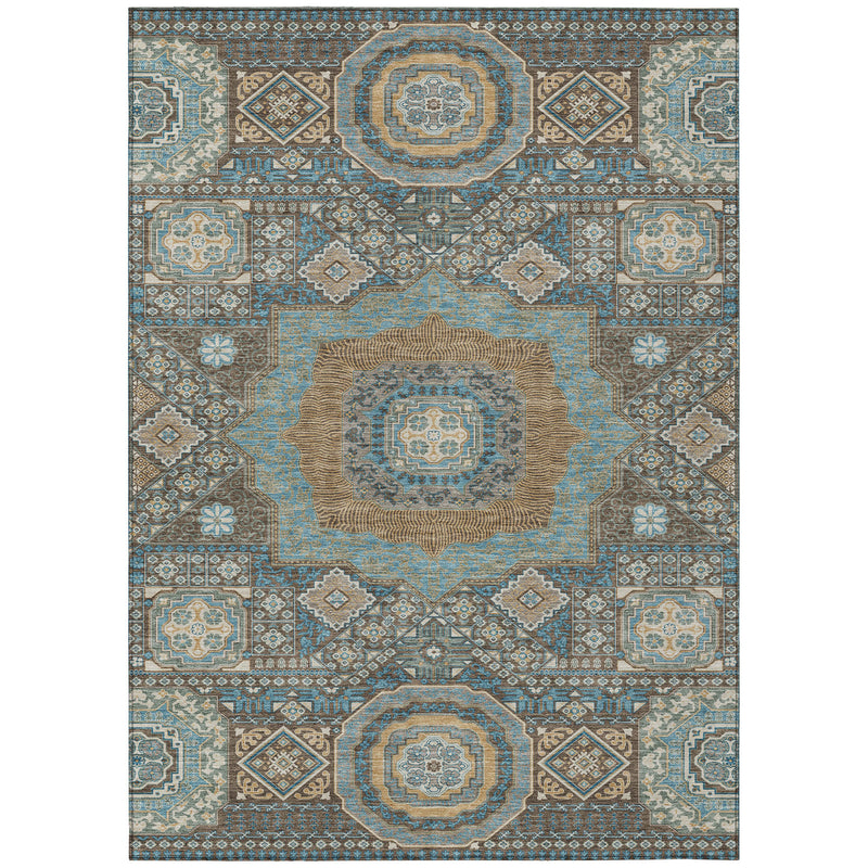 Full oriental area rug in blue and beige with central medallion and repeating tile motifs
