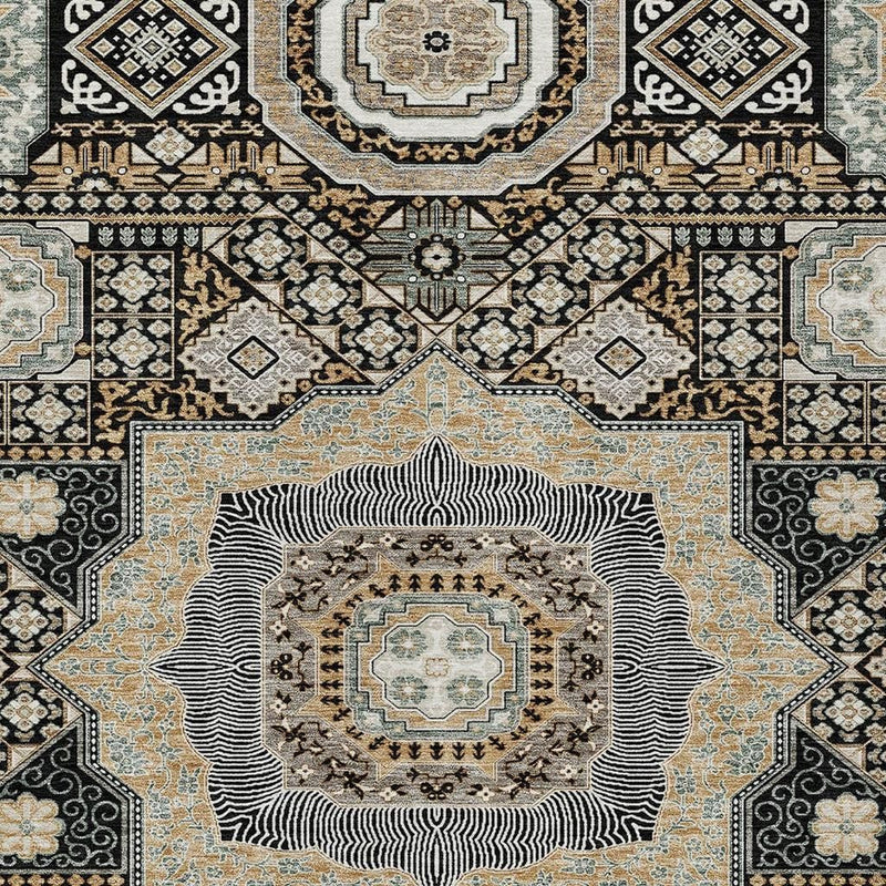 Oriental area rug close view with black, ivory, and light blue ornate medallions