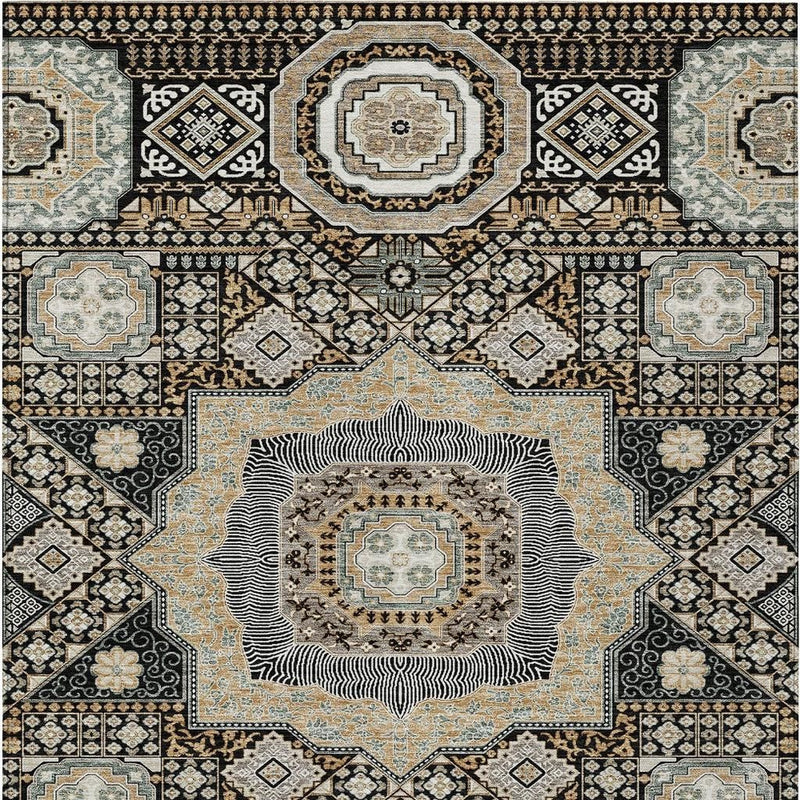 Oriental area rug with black, ivory, and light blue medallion pattern