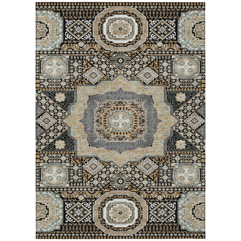 Oriental area rug featuring central medallion with black and ivory geometric borders