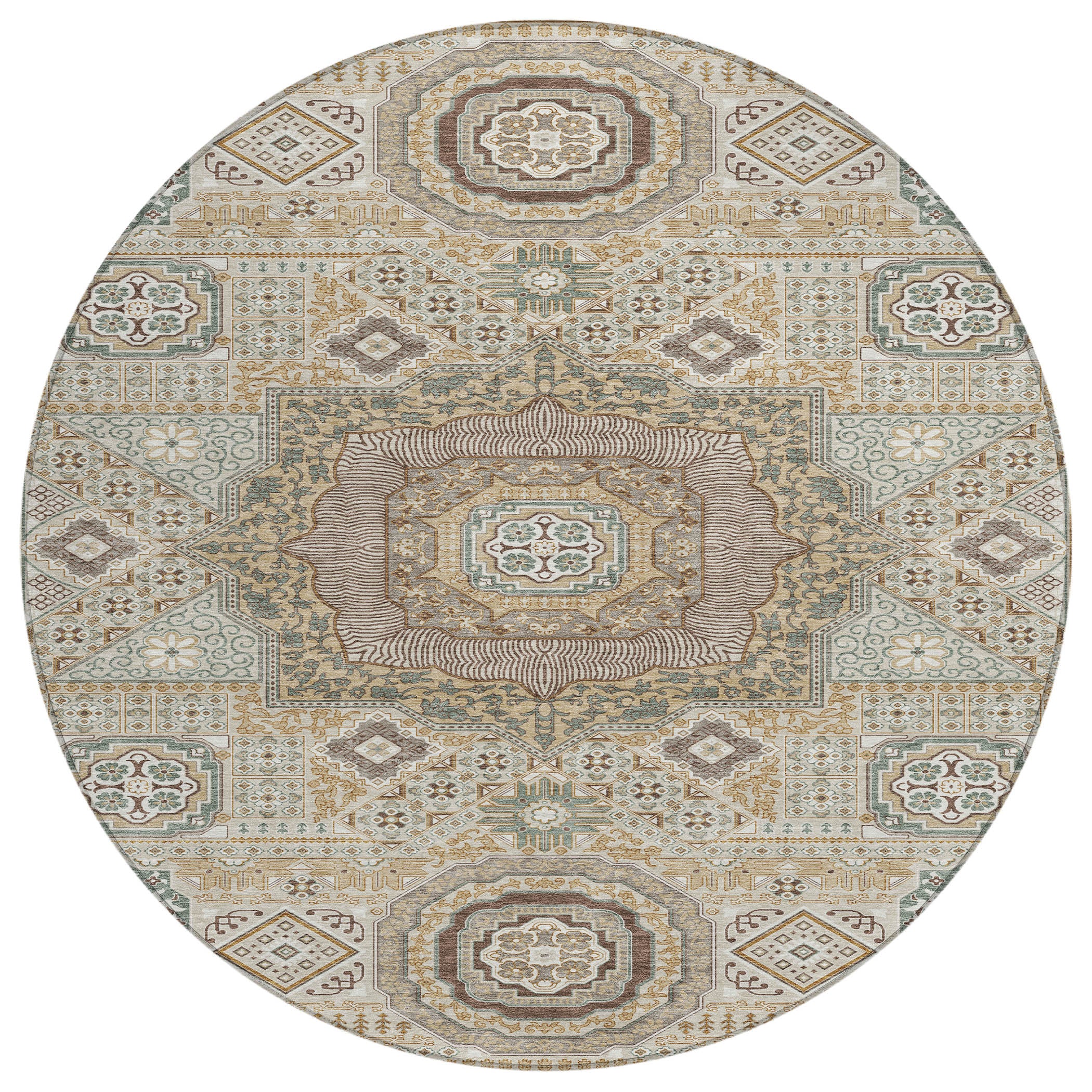 8' Beige And Ivory Round Oriental Washable Indoor Outdoor Area Rug - Sports & Outdoor