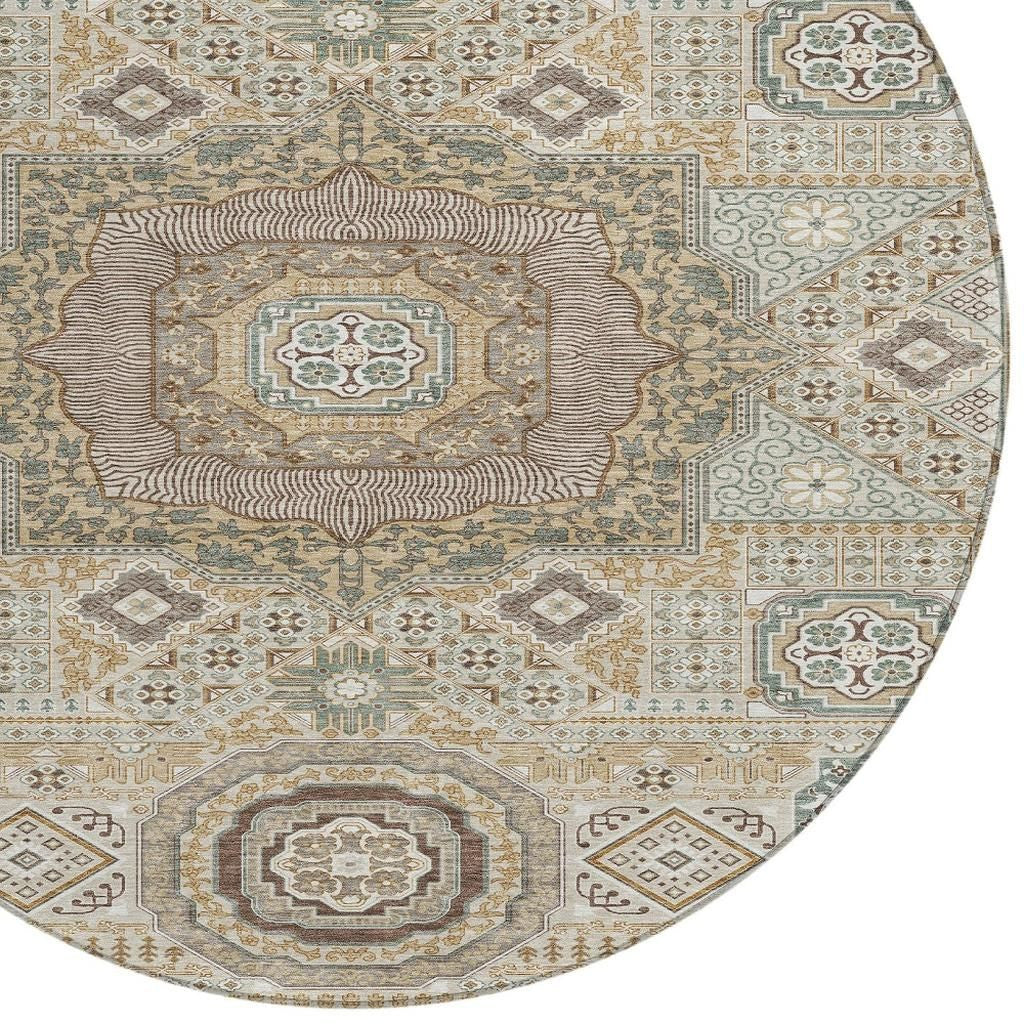 8' Beige And Ivory Round Oriental Washable Indoor Outdoor Area Rug - Sports & Outdoor