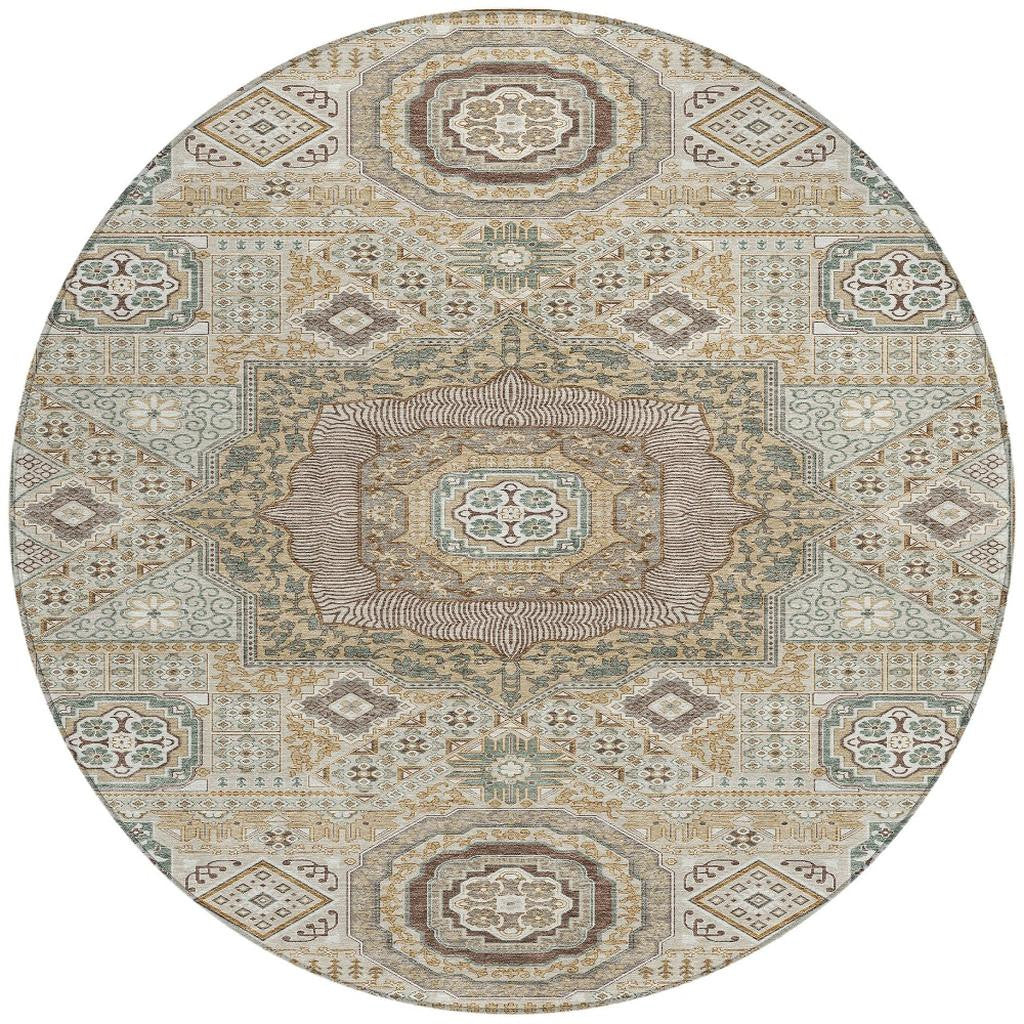 8' Beige And Ivory Round Oriental Washable Indoor Outdoor Area Rug - Sports & Outdoor