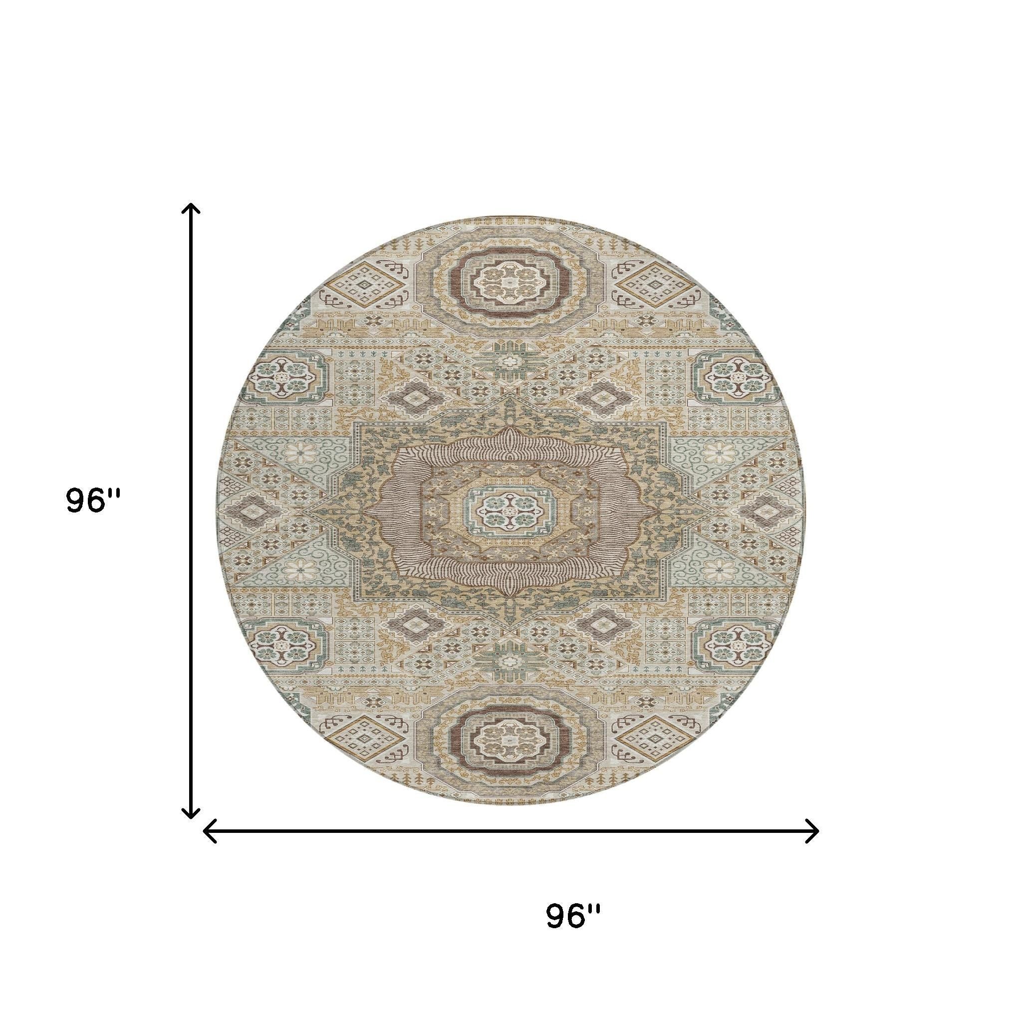 8' Beige And Ivory Round Oriental Washable Indoor Outdoor Area Rug - Sports & Outdoor