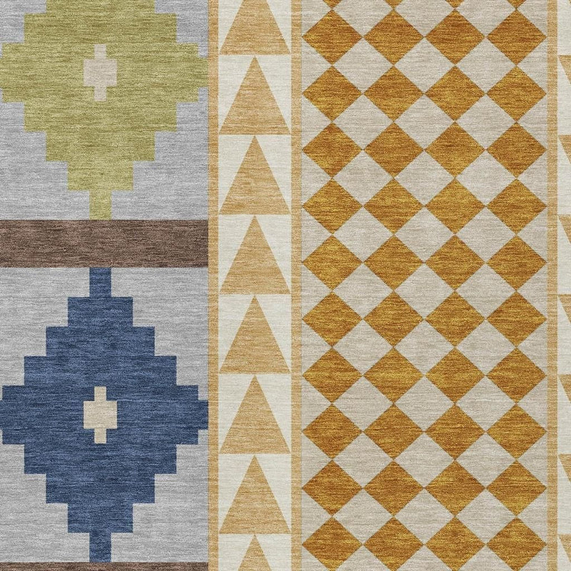 Southwestern rug featuring stacked medallions in olive, blue, and gold with diamond border