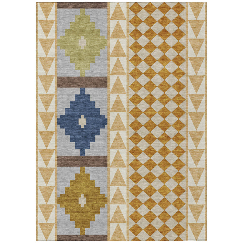 Southwestern area rug with ivory border, blue and olive medallions, and checkered diamond panel