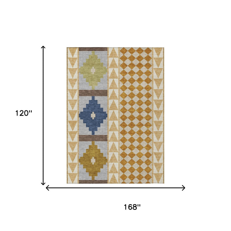 Rectangular southwestern area rug design with multicolor geometric panels on an ivory background