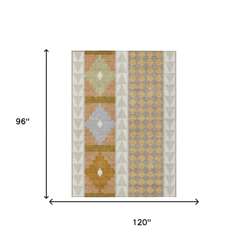 Geometric southwestern area rug design in beige, orange, green, and gray, shown full size