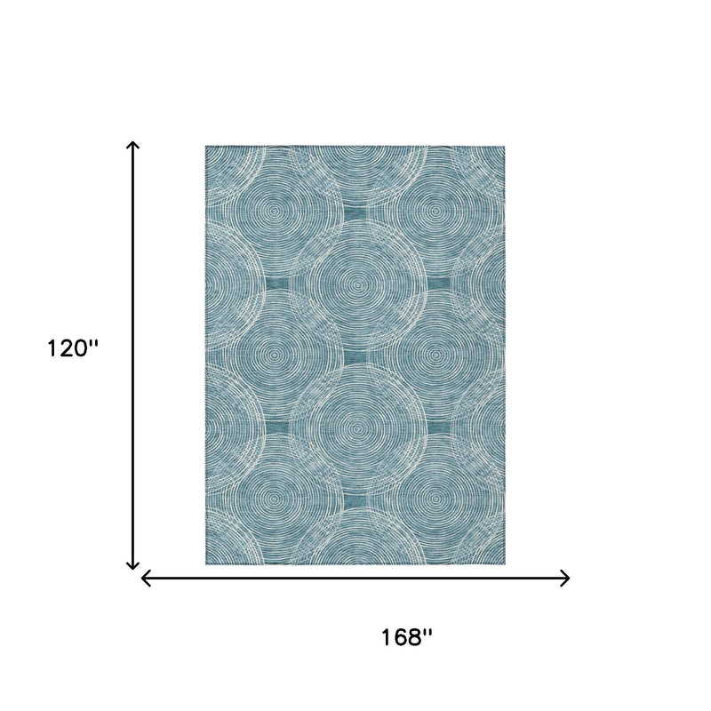 Teal blue and ivory geometric area rug with size diagram, 168 in x 120 in
