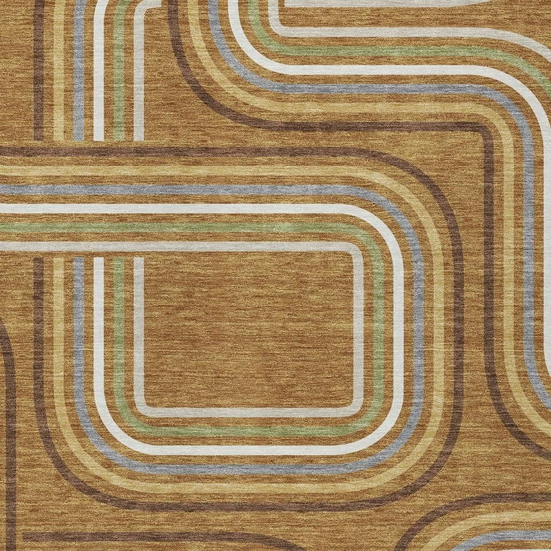 Geometric area rug close-up with rounded square/zigzag pattern in gold, white, and green