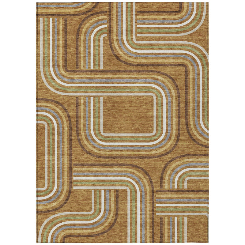 Rectangular geometric area rug, gold-brown with interlocking white and green line pattern