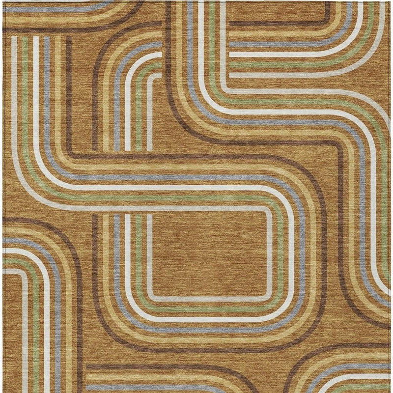 Geometric area rug close-up with stacked rounded shapes in tan, white, green, and brown