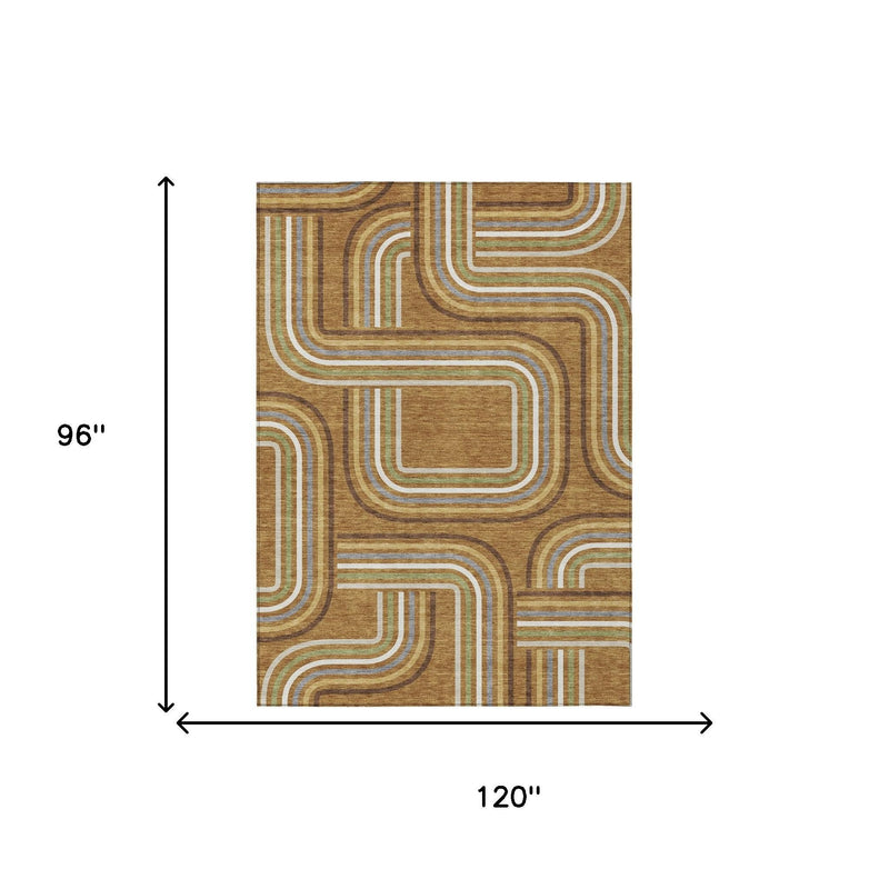 Geometric area rug size diagram, 96 x 120 in, gold-brown with tan, white, green lines