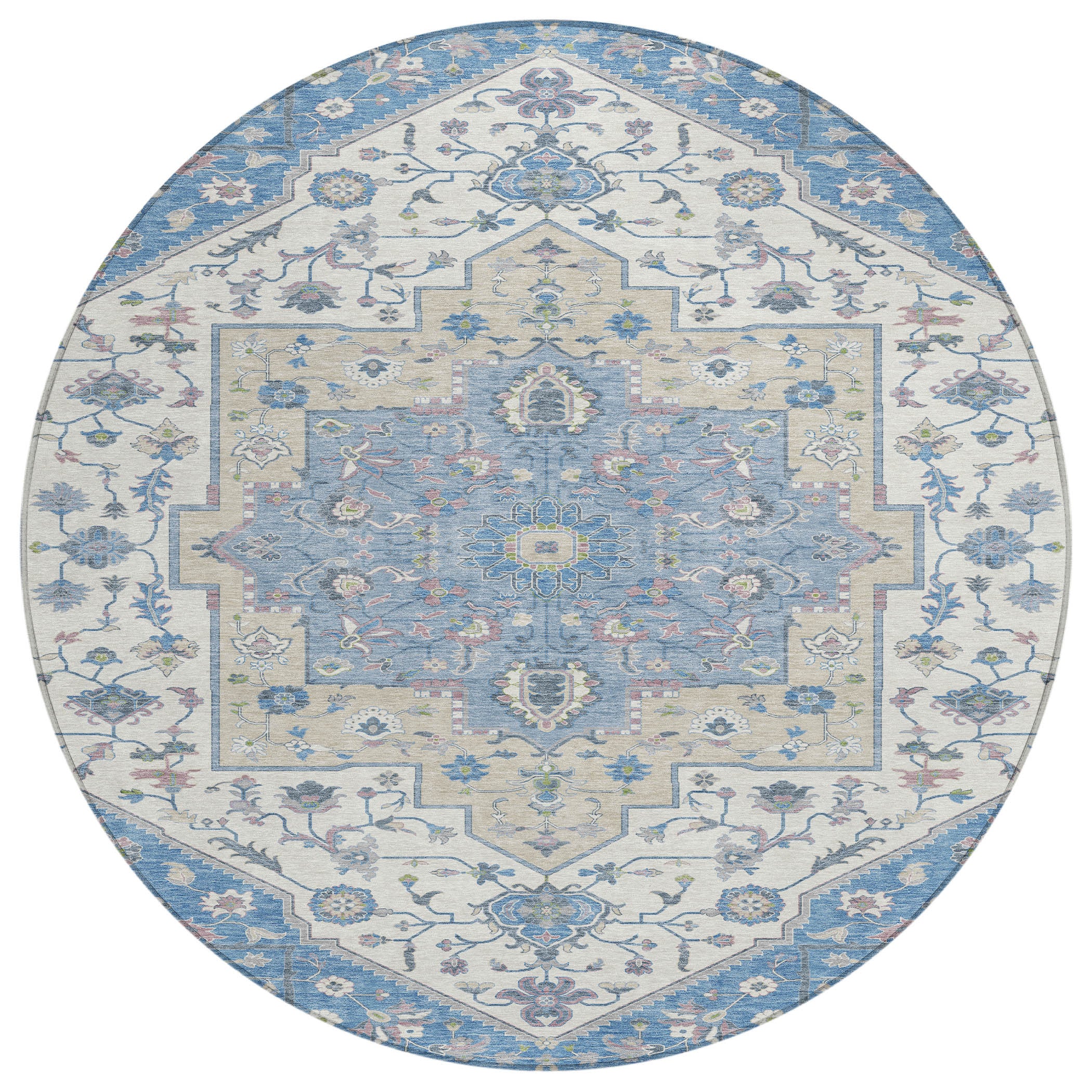 8' Denim Blue And Ivory Round Floral Medallion Washable Indoor Outdoor Area Rug - Outdoor | blocked-missing-media,…