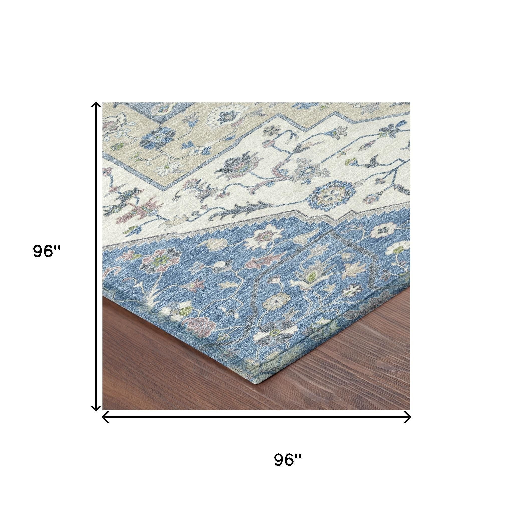 Blue and cream floral area rug, 96x96 inches, soft polypropylene, traditional style with intricate patterns.
