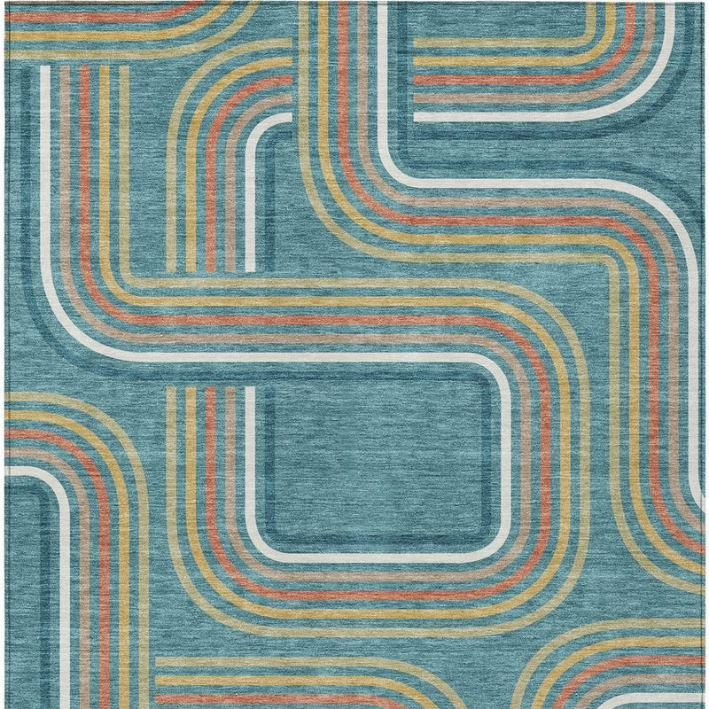 Teal blue geometric area rug with teal, ivory, tan, and orange outlined wave pattern