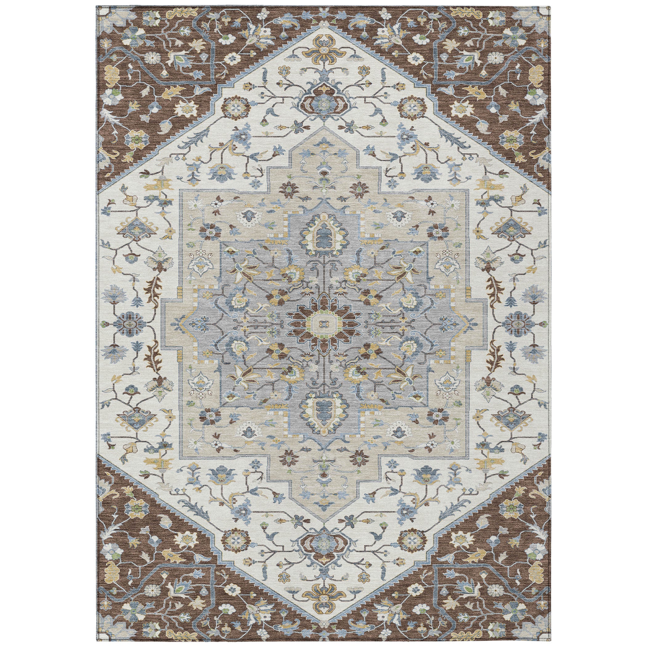 3' X 5' Chocolate And Ivory Floral Medallion Washable Indoor Outdoor Area Rug - Outdoor | blocked-missing-media,…