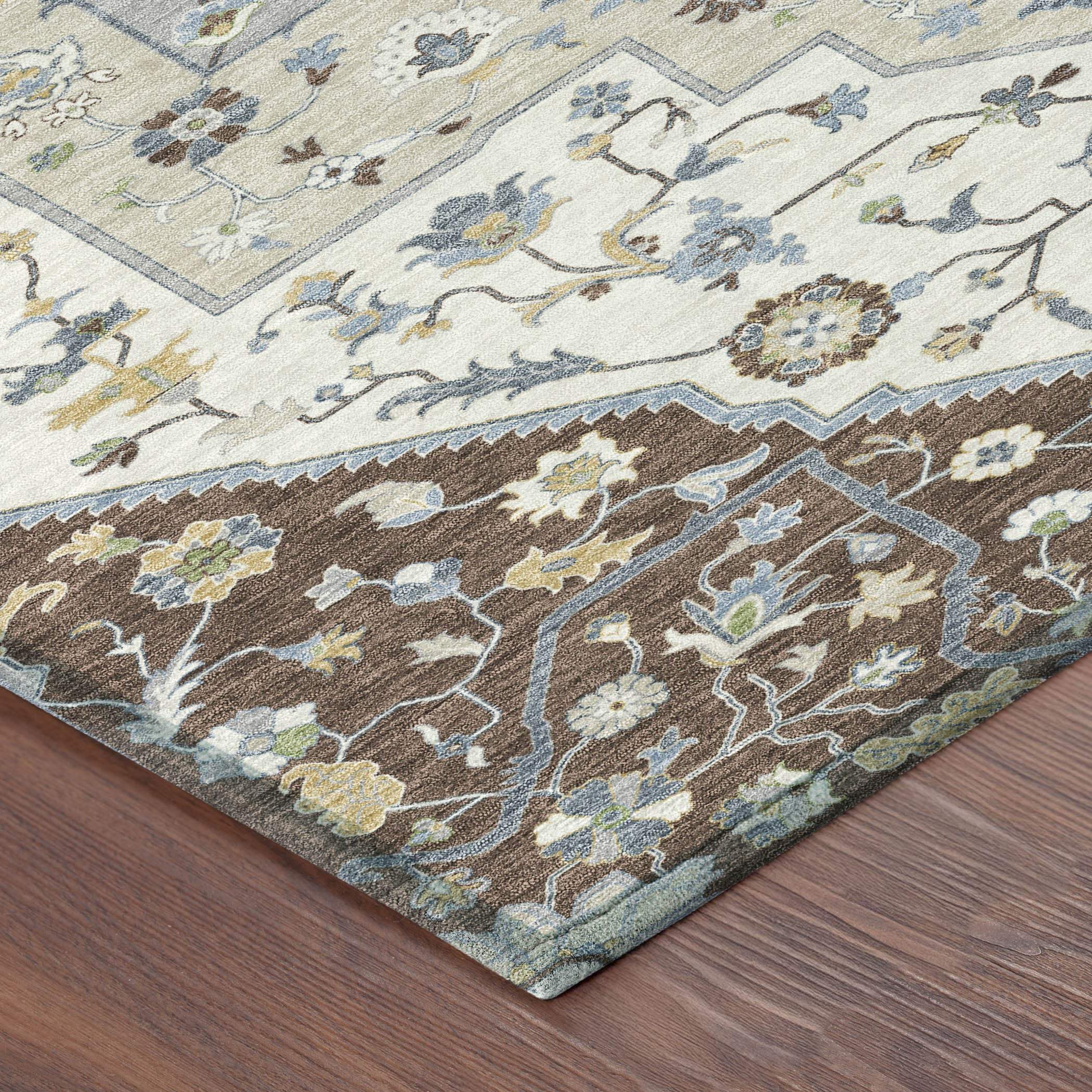 Beige and brown floral area rug with intricate blue and green patterns, ideal for traditional home decor.