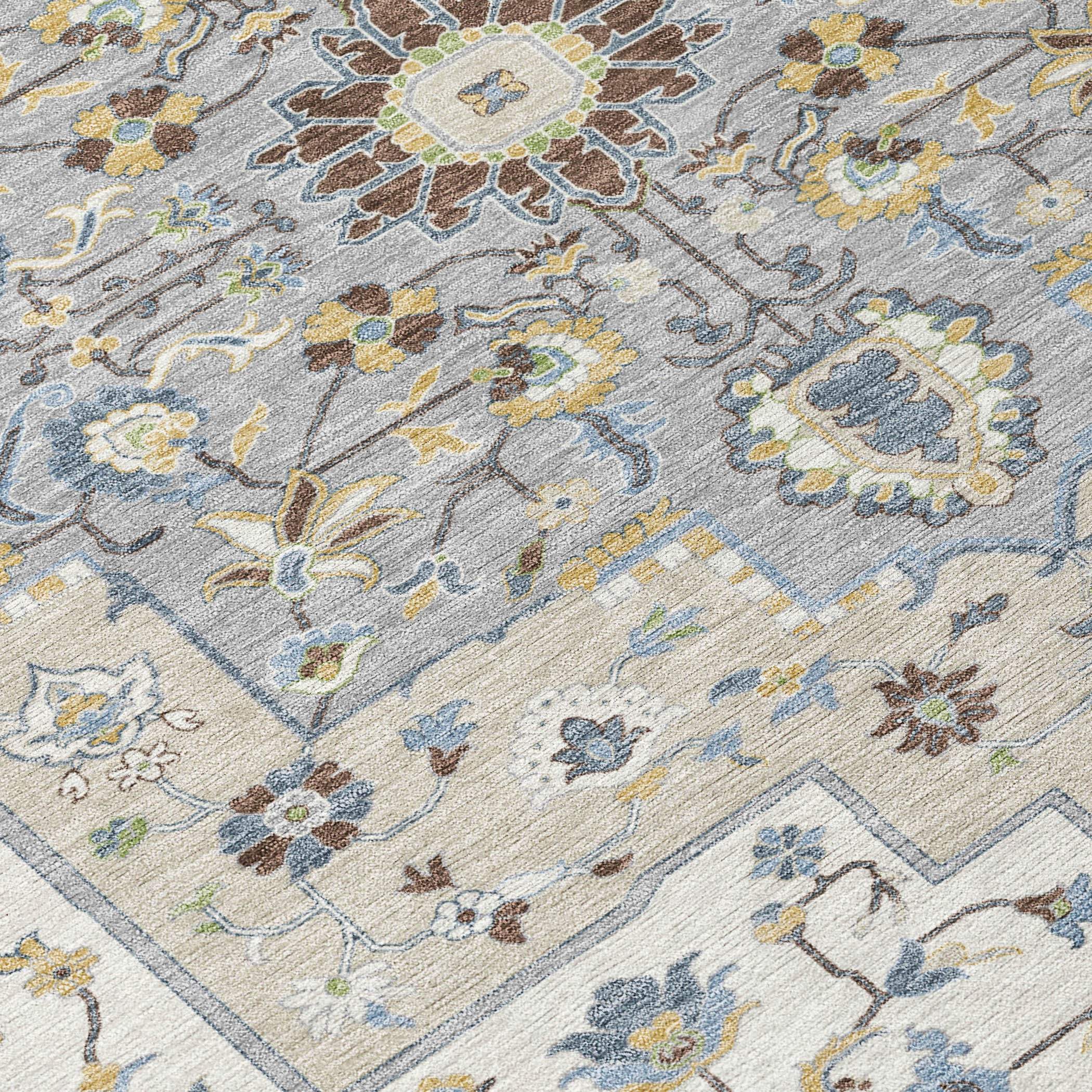 Multicolor floral area rug in gray, cream, and blue, featuring a vintage-inspired pattern and soft polyester material.
