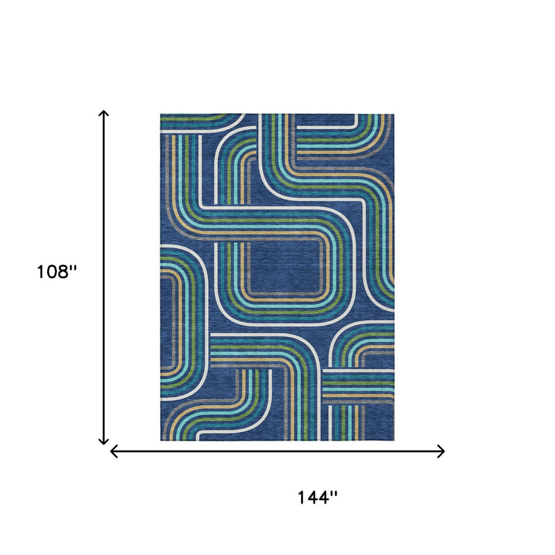 Navy blue geometric rug with aqua and gold lines, shown as 9 x 12 ft