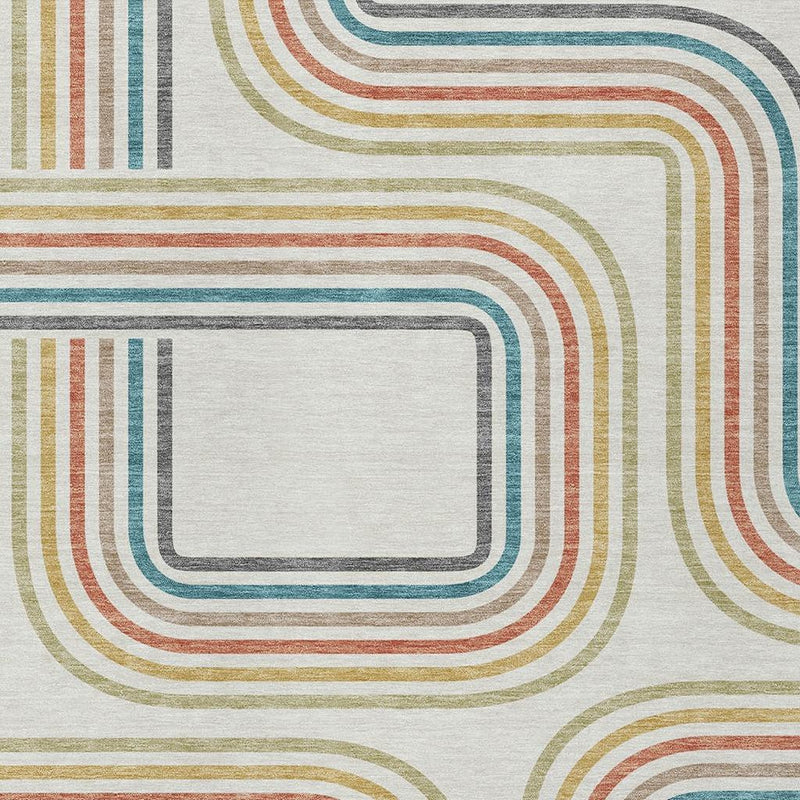 Ivory geometric area rug corner with multicolor rounded-square stripe outline