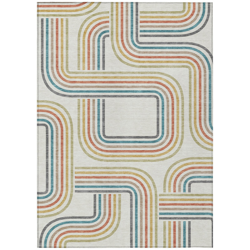 Ivory geometric area rug with centered open square motif and multicolor curved stripes