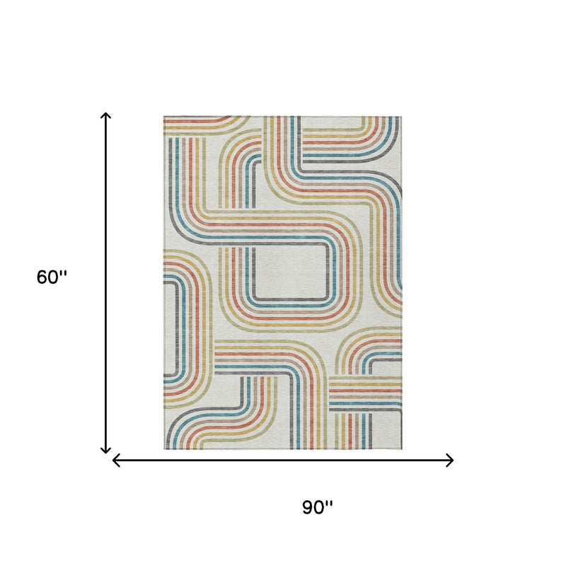 Ivory geometric area rug with multicolor striped loop pattern, shown with size guides
