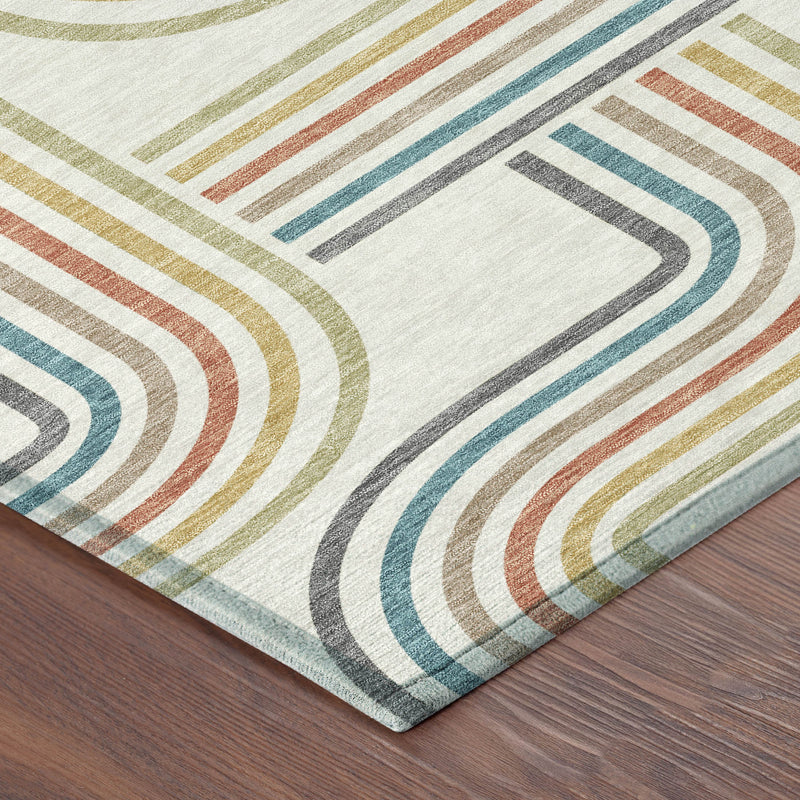 Ivory patterned area rug corner with curved striped lines in teal, gold, and rust
