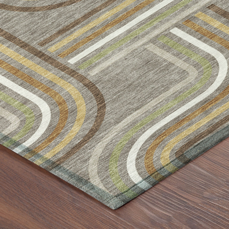 Taupe and ivory geometric rug corner with green, mustard, and white wavy bands