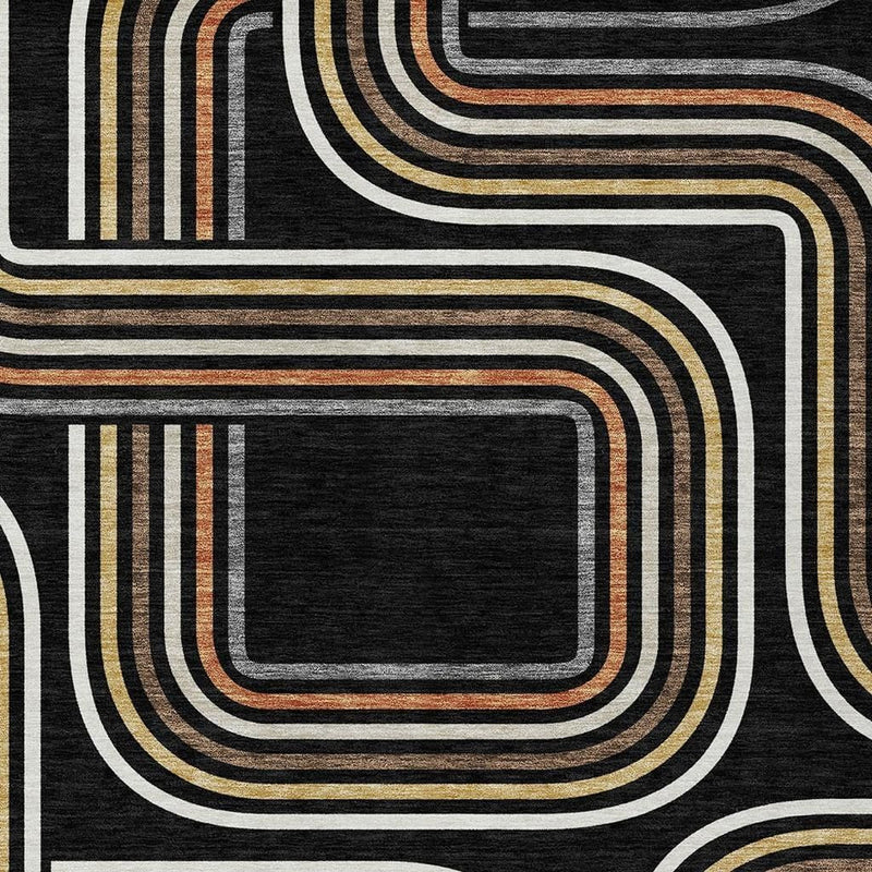 Black geometric area rug with ivory, gold, and orange layered wave outline