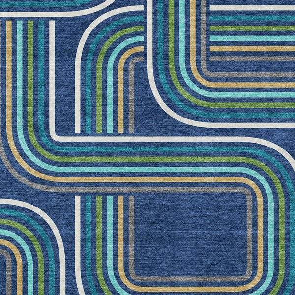 Geometric area rug in navy blue with aqua and yellow stripe lines, square corner pattern