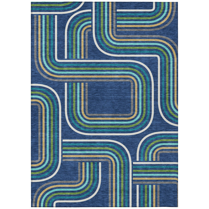 Geometric area rug with looping line pattern in navy blue, aqua, and yellow, flat weave