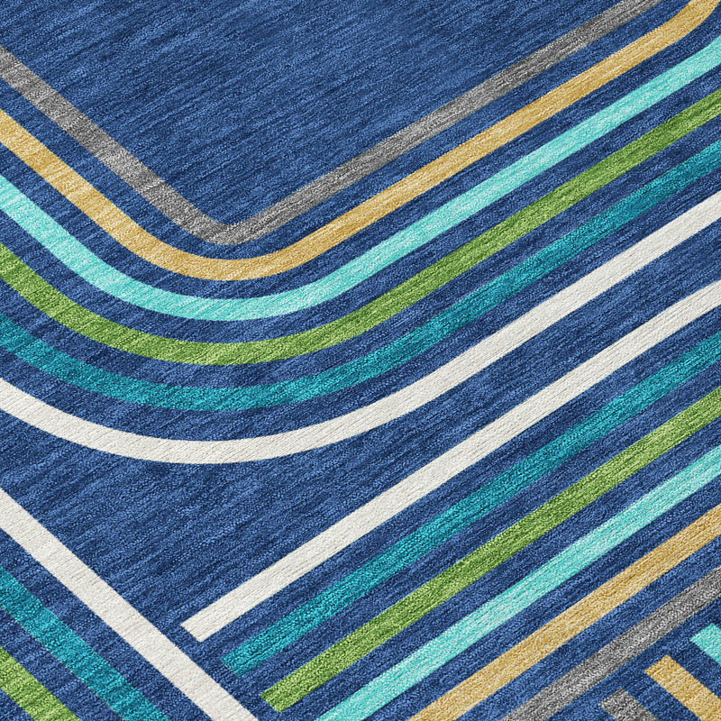 Geometric area rug texture with navy blue ground and multicolor wavy stripe bands