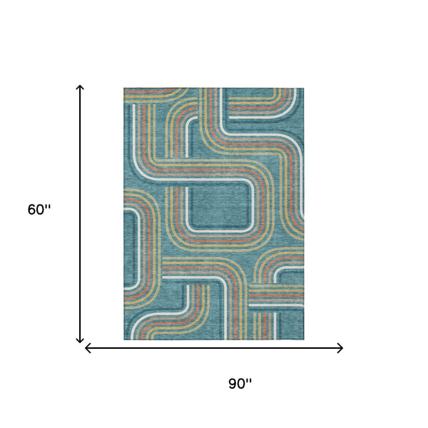 Geometric area rug with teal blue, ivory, and multicolor curved line pattern.