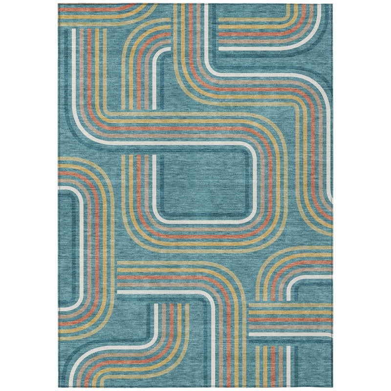 Rectangular teal blue geometric area rug with multicolor curved line and block motif.