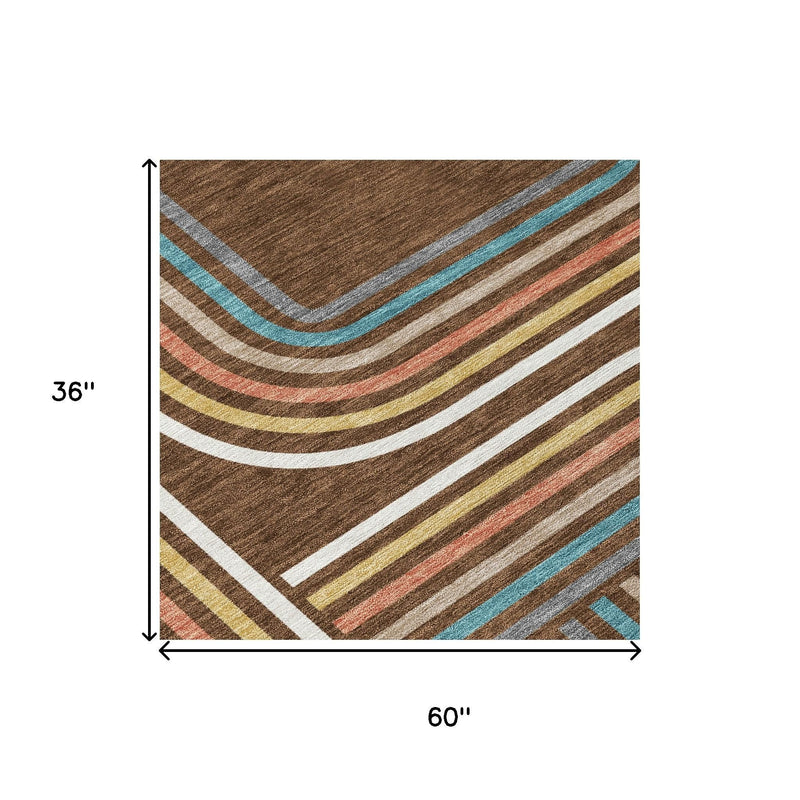 Geometric wave area rug diagram, 60 x 36 in, brown with multicolor stripes
