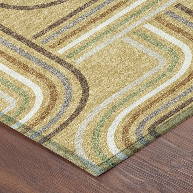 Round rug corner showing gold and ivory geometric lines with olive green and blue tones