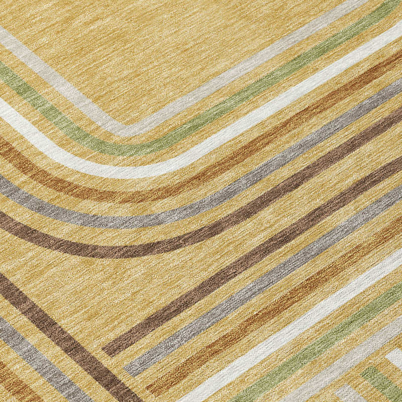 Geometric stripe motif on gold rug with ivory, olive green, and dark brown curved lines