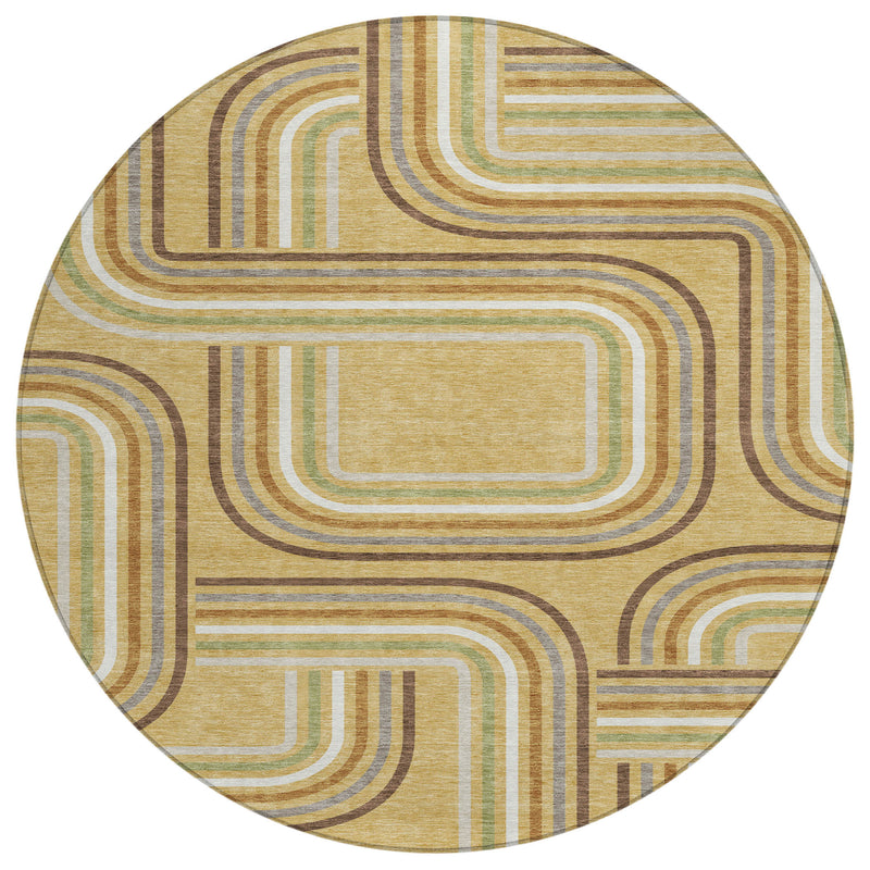 Round rug featuring curved geometric stripes in gold, ivory, green, and dark brown
