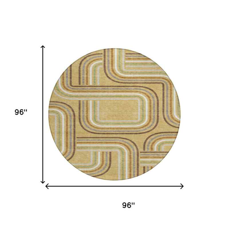 96-inch round area rug in gold and ivory with multicolor geometric arc stripe pattern