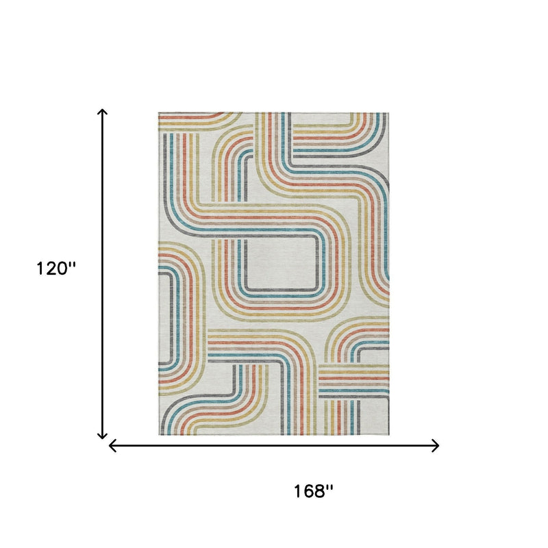 Geometric area rug size diagram: 168 in wide and 120 in tall
