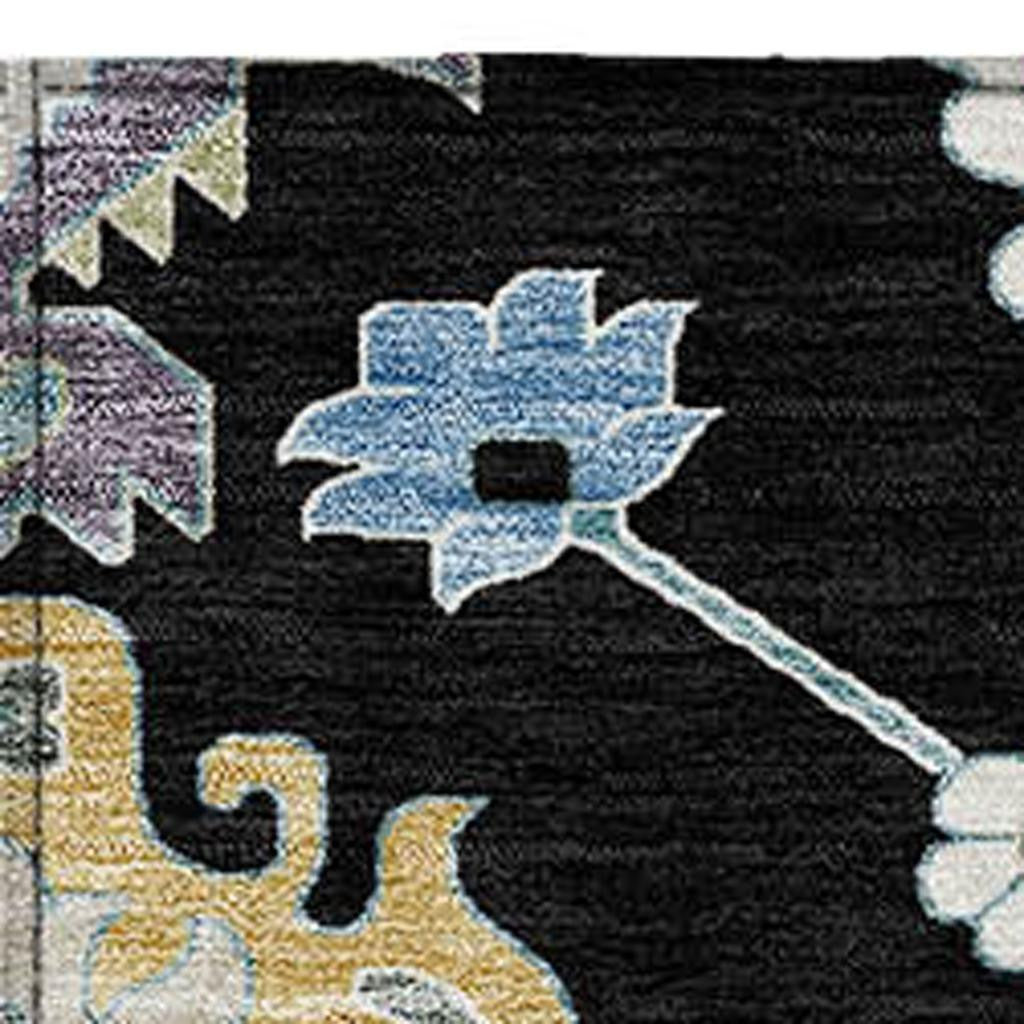Multi-colored geometric pattern rug in black, blue, and yellow, made of soft, durable synthetic fibers.
