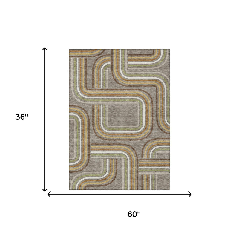 Taupe geometric area rug size diagram with wavy blocks in ivory, gold, green and brown