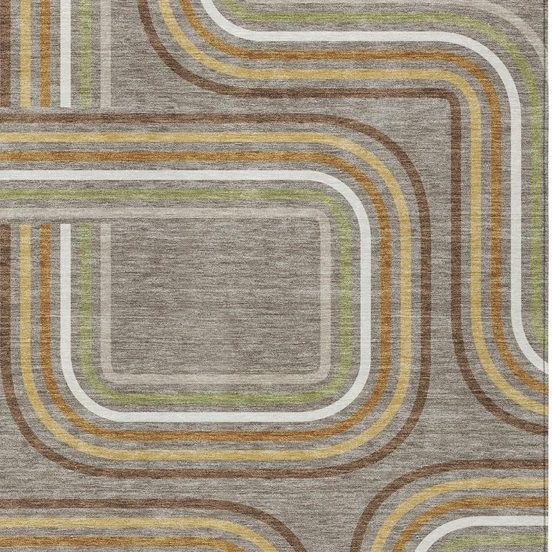 Detailed geometric rug pattern with taupe field and ivory outlines in gold, green and brown tones