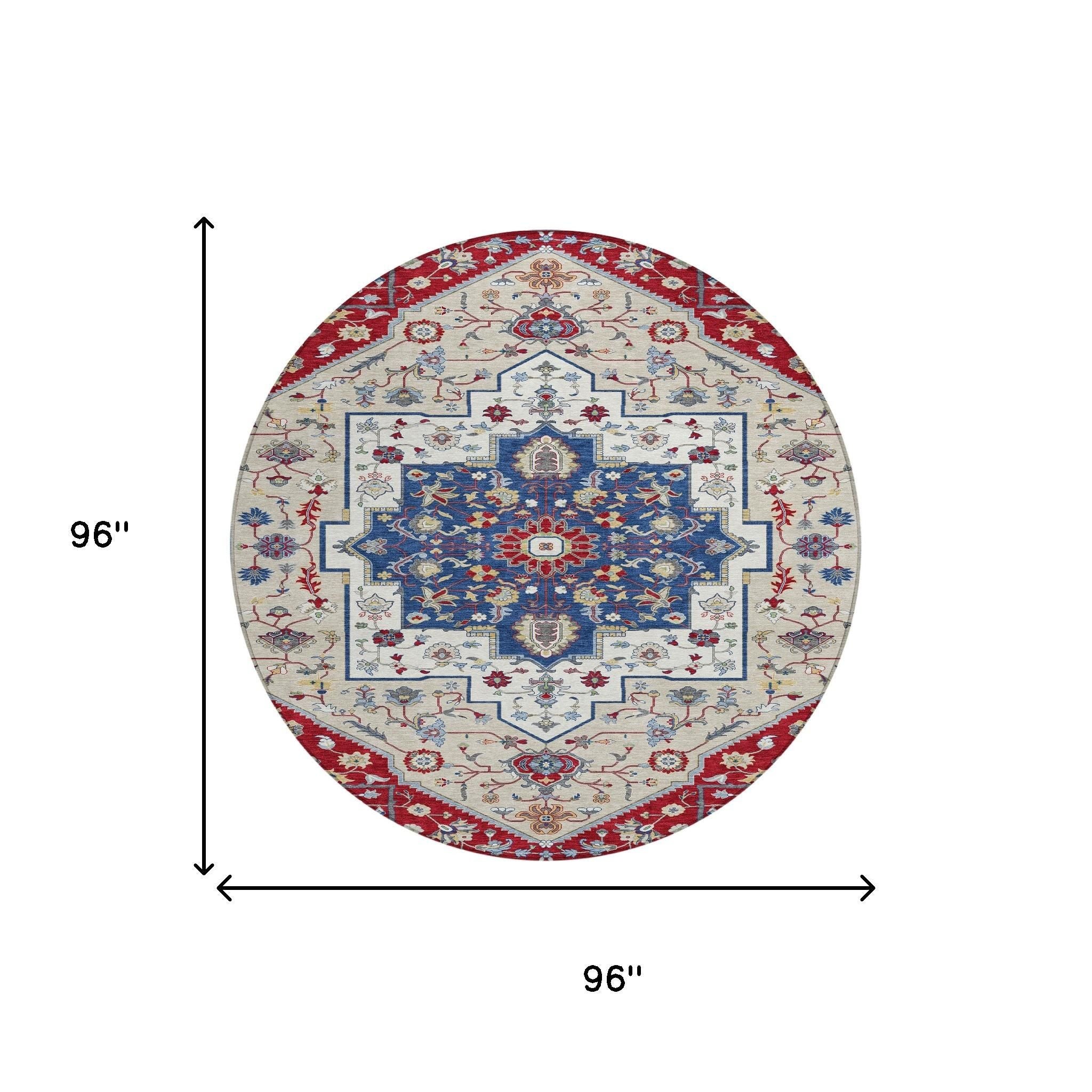 Round 96" area rug in red, blue, and cream with intricate floral pattern, perfect for traditional decor.