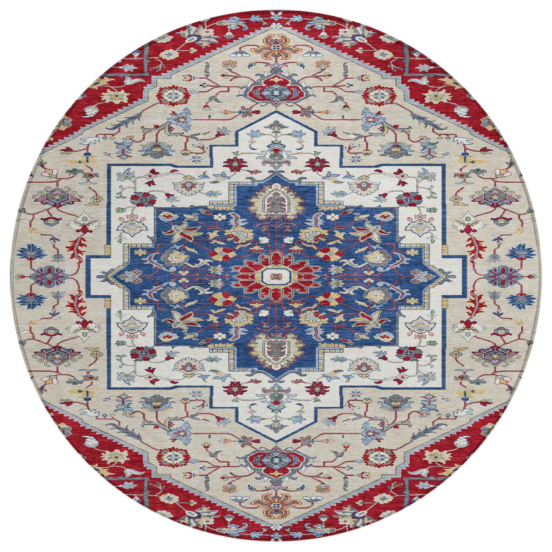 Oval decorative rug featuring intricate floral patterns in blue, red, and cream, made from durable polypropylene fibers.