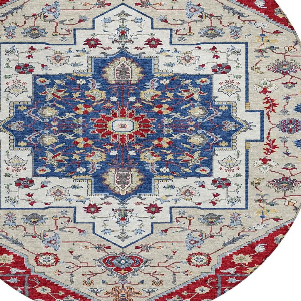 Oval vintage-inspired area rug featuring intricate blue, red, and cream floral patterns, ideal for home décor.