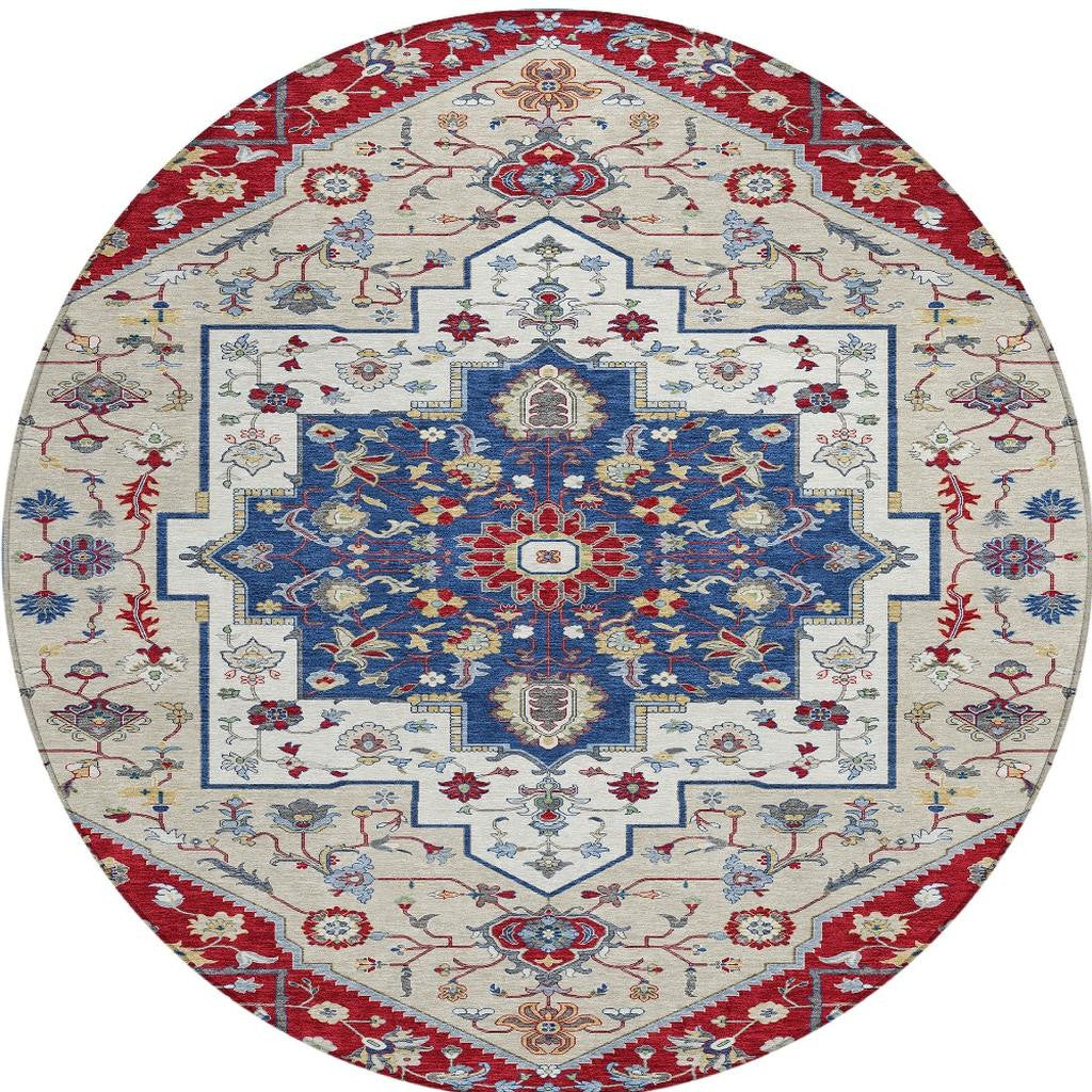 Oval vintage-style area rug, featuring red, blue, and cream floral patterns, made of durable polypropene material.