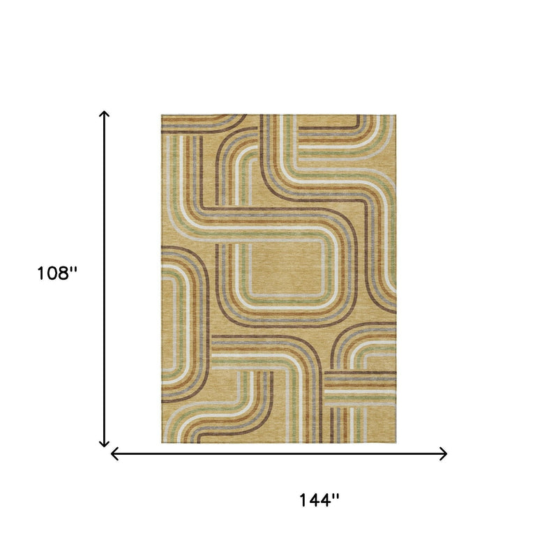 Geometric wave area rug size 144 x 108 in, gold and ivory with brown and green