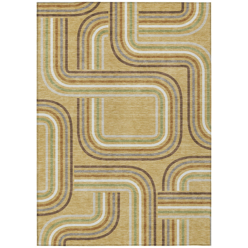 Front view of gold and ivory geometric wave area rug with brown and green linework